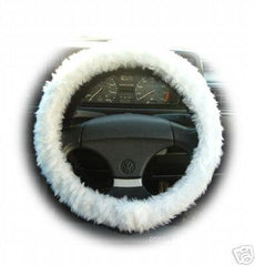 White fuzzy faux fur car steering wheel cover