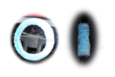 Baby Blue Fuzzy Car Steering wheel cover & matching faux fur seat belt pad set