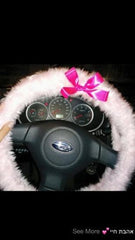Baby Pink fuzzy faux fur car steering wheel cover with Barbie pink satin Bow Poppys Crafts