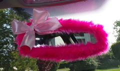Barbie pink faux fur rear view interior car mirror cover with baby pink satin bow