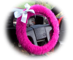 Barbie Pink fluffy faux fur car steering wheel cover with white satin Bow Poppys Crafts