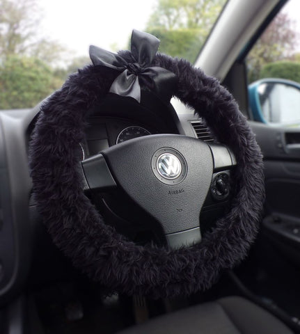 Black fluffy faux fur car steering wheel cover with Black satin Bow