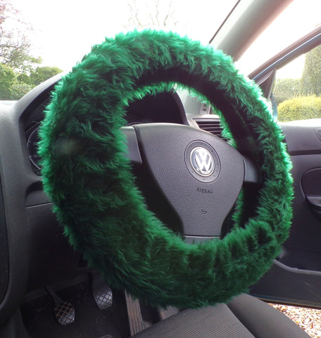 Bottle Green fuzzy faux fur car steering wheel cover