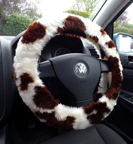 Brown and cream Cow print fuzzy car steering wheel cover
