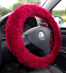 Burgundy red fuzzy faux fur car steering wheel cover