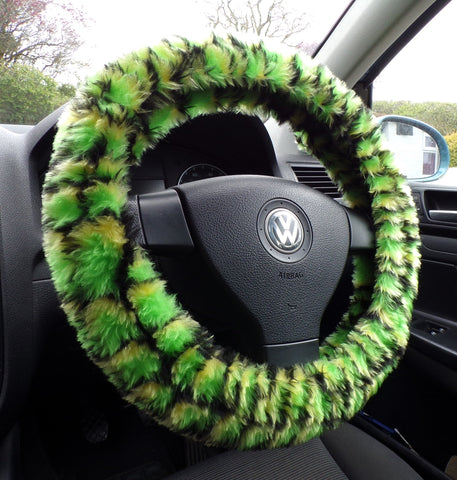 Green Crocodile print fuzzy car steering wheel cover