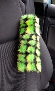 Crocodile reptile green fuzzy faux  fur seatbelt pads 1 pair