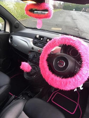 Barbie Pink fuzzy steering wheel cover with cute matching rear view mirror cover Poppys Crafts