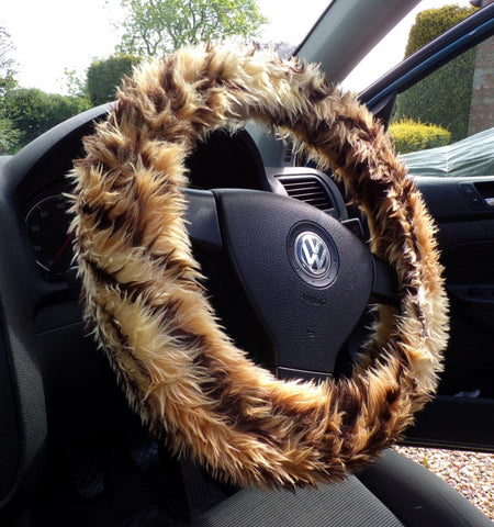 Gold Tiger stripe fuzzy faux fur car steering wheel cover