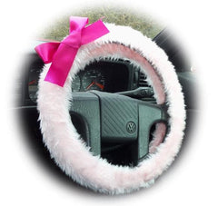 Baby Pink fuzzy faux fur car steering wheel cover with Barbie pink satin Bow Poppys Crafts