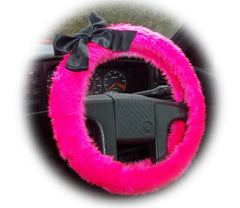 Barbie Pink fluffy faux fur car steering wheel cover with Black satin Bow Poppys Crafts