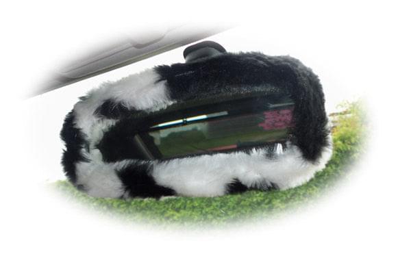 Black & white cow print faux fur rear view interior mirror cover Poppys Crafts