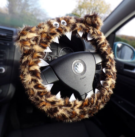 Fuzzy Leopard print faux fur monster steering wheel cover