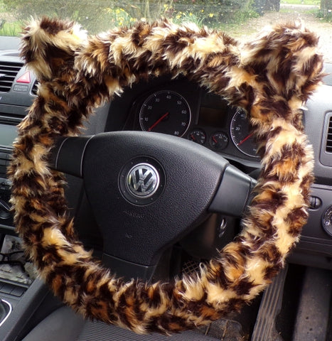 Leopard print fuzzy Steering Wheel Cover with Ears