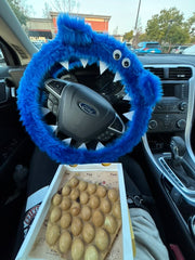 Royal Blue monster steering wheel cover eating waffles