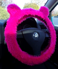 Bright Pink fuzzy Steering Wheel Cover with Ears Poppys Crafts