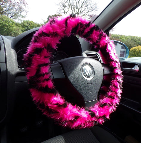 Pink and black tiger stripe fuzzy faux fur car steering wheel cover