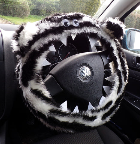 Black and white Zebra Stripe faux fur fuzzy monster car steering wheel cover