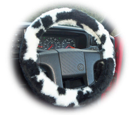 Black and White Cow print fuzzy faux fur car steering wheel cover furry and fluffy Poppys Crafts