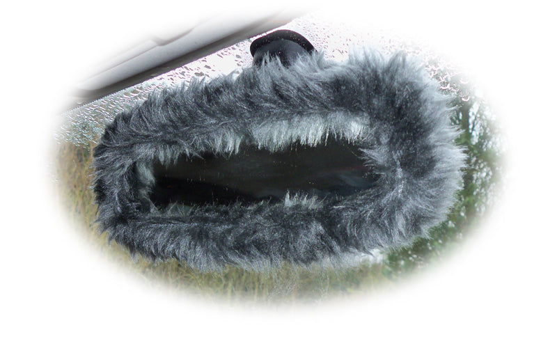 Dark Grey faux fur rear view interior car mirror cover Poppys Crafts