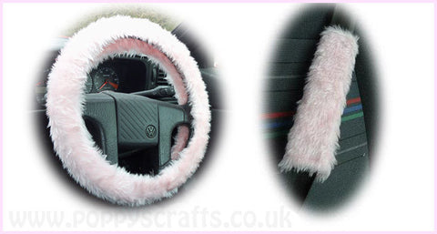 Fluffy Baby Pink Car Steering wheel cover & matching fuzzy faux fur seatbelt pad set