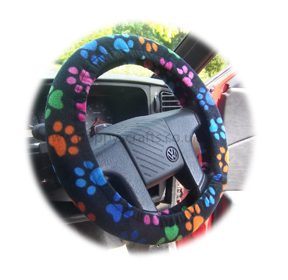 Black with multi-coloured Paw print fleece car steering wheel cover Poppys Crafts