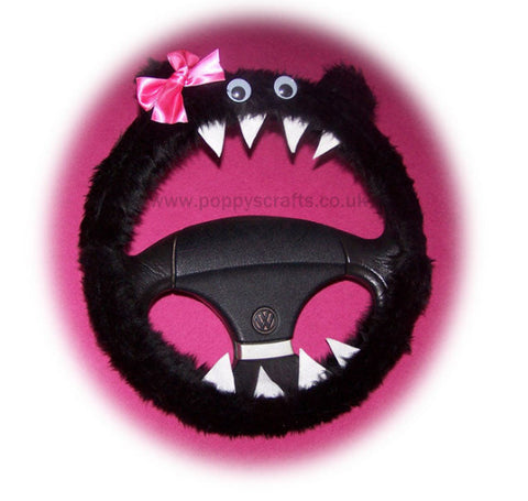 Fuzzy Black faux fur monster car steering wheel cover with cute pink bow