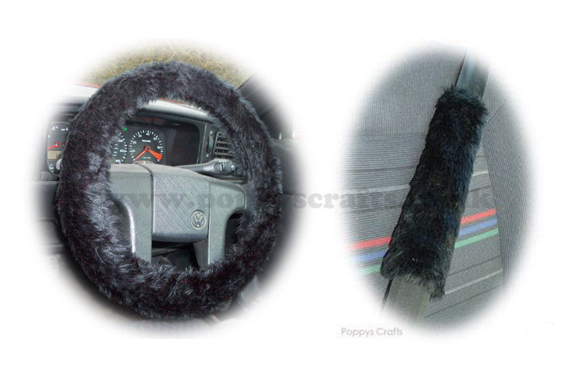 Black fluffy steering wheel cover and matching faux fur seatbelt pads Poppys Crafts