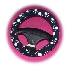 Black with white Paws paw print fleece car steering wheel cover Poppys Crafts