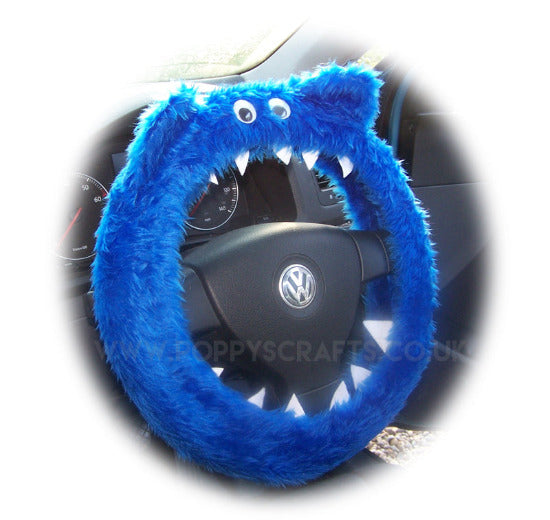 Royal Blue fluffy Monster car steering wheel cover with googly eyes, ears and teeth Poppys Crafts