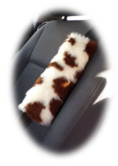 Brown and cream cow print fuzzy car seatbelt pads 1 pair Poppys Crafts
