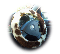 Brown and cream Cow print fuzzy car steering wheel cover Poppys Crafts