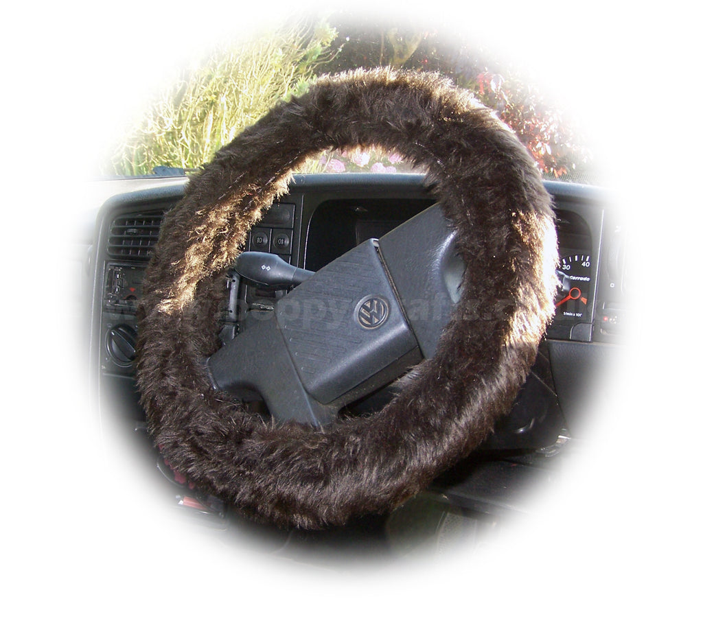 Dark Chocolate brown fuzzy faux fur car steering wheel cover Poppys Crafts