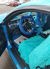 Royal Blue fluffy Monster car steering wheel cover with googly eyes, ears and teeth Poppys Crafts