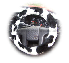 Black and White Cow print fuzzy faux fur car steering wheel cover furry and fluffy Poppys Crafts