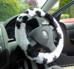 Black and White Cow print fuzzy faux fur car steering wheel cover furry and fluffy Poppys Crafts