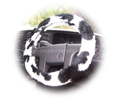 Black and White Cow print fuzzy faux fur car steering wheel cover furry and fluffy Poppys Crafts