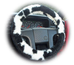 Black and White Cow print fuzzy Car Steering wheel cover & matching faux fur seatbelt pad set Poppys Crafts