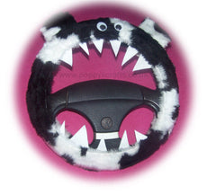 Black and white cow print faux fur fuzzy monster car steering wheel cover Poppys Crafts