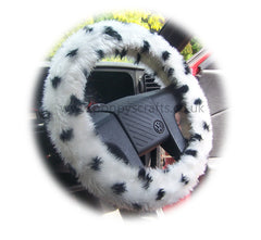 Dalmatian Spot fuzzy Car Steering wheel cover & matching faux fur seatbelt pad set Poppys Crafts