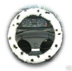 Dalmatian Spot fuzzy Car Steering wheel cover & matching faux fur seatbelt pad set Poppys Crafts