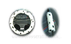 Dalmatian Spot fuzzy Car Steering wheel cover & matching faux fur seatbelt pad set Poppys Crafts