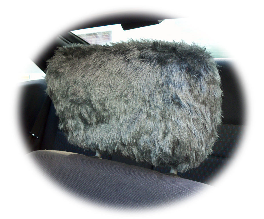 Dark Grey fluffy faux fur car headrest covers 1 pair Poppys Crafts