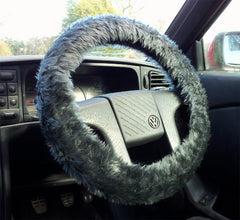 Dark Charcoal Grey fuzzy car steering wheel cover Poppys Crafts