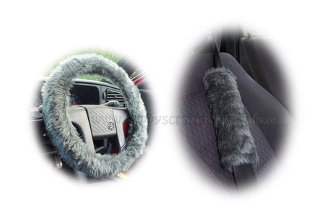 Dark Grey fluffy steering wheel cover and matching faux fur seatbelt pads