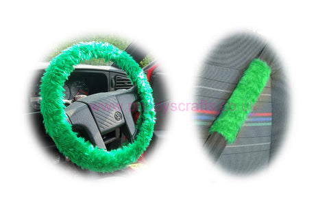 Emerald Green fluffy steering wheel cover and matching faux fur seatbelt pads