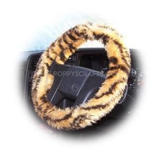 Gold Tiger print fuzzy Car Steering wheel cover & matching faux fur seatbelt pad set Poppys Crafts