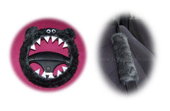 Fluffy Dark Grey Monster Car Steering wheel cover & fuzzy Dark Grey seatbelt pad set Poppys Crafts