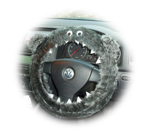 Dark Grey fuzzy monster steering wheel cover Poppys Crafts