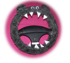 Dark Grey fuzzy monster steering wheel cover Poppys Crafts